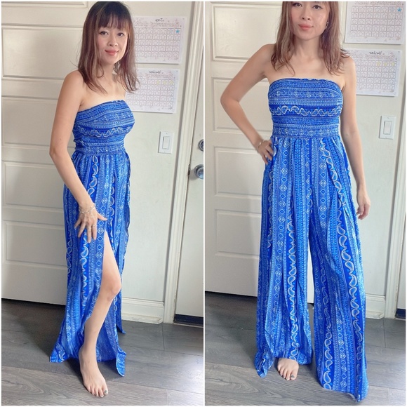 039 Boho Blue Paisley print Smocked Wide Leg Jumpsuit - Picture 3 of 5